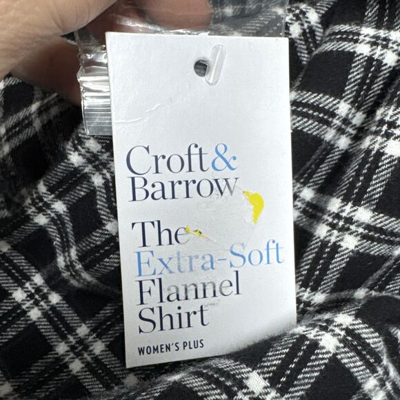 Croft & Barrow Womens Plus Sz 2X Flannel Black & White Button Down Shirt Top New - Picture 5 of 8